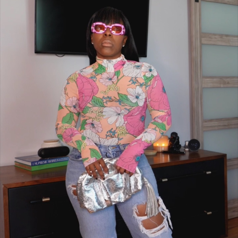 AFRM Floral Print Mesh Turtle Neck Top With Thumbholes Size M